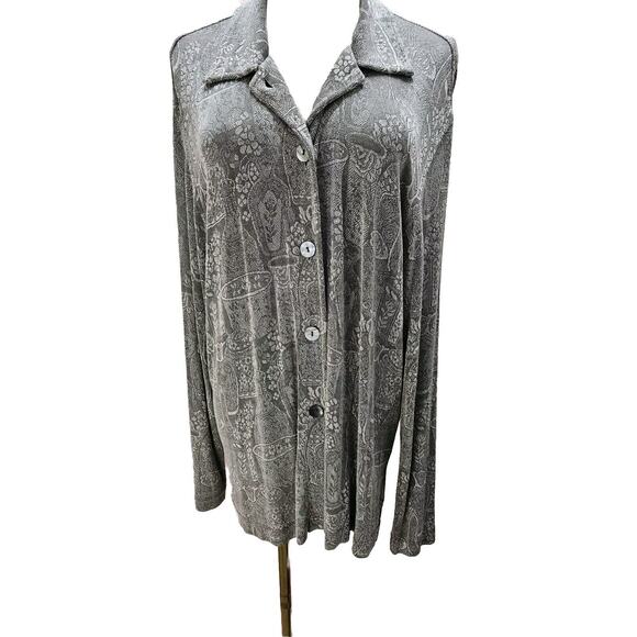 Vtg CHICO'S DESIGN Gray Silver Travelers Knit Top Blouse Slinky Sz 1 Pottery - Picture 1 of 5